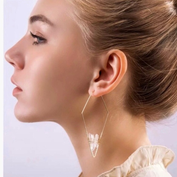 new. geometric clear quartz gold wire earrings - Picture 2 of 10